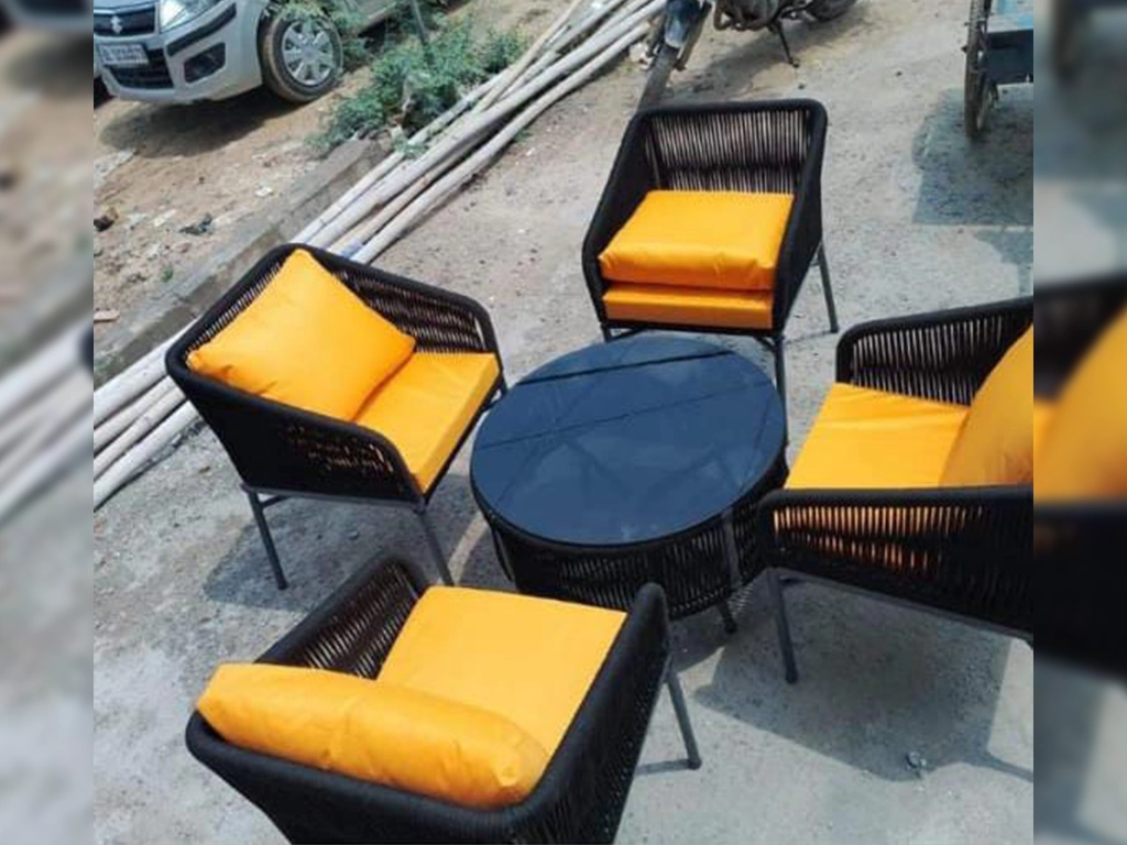 rope design outdoor chair Set and round center table set, yellow color leatherette cushion & pillow, base black color powder coated, Table top glass.