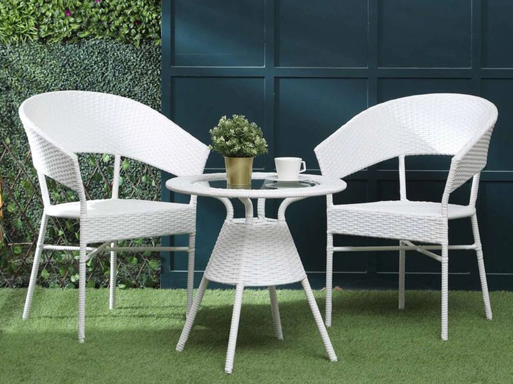 White color balcony wicker set with glass top. patio set two plus one.